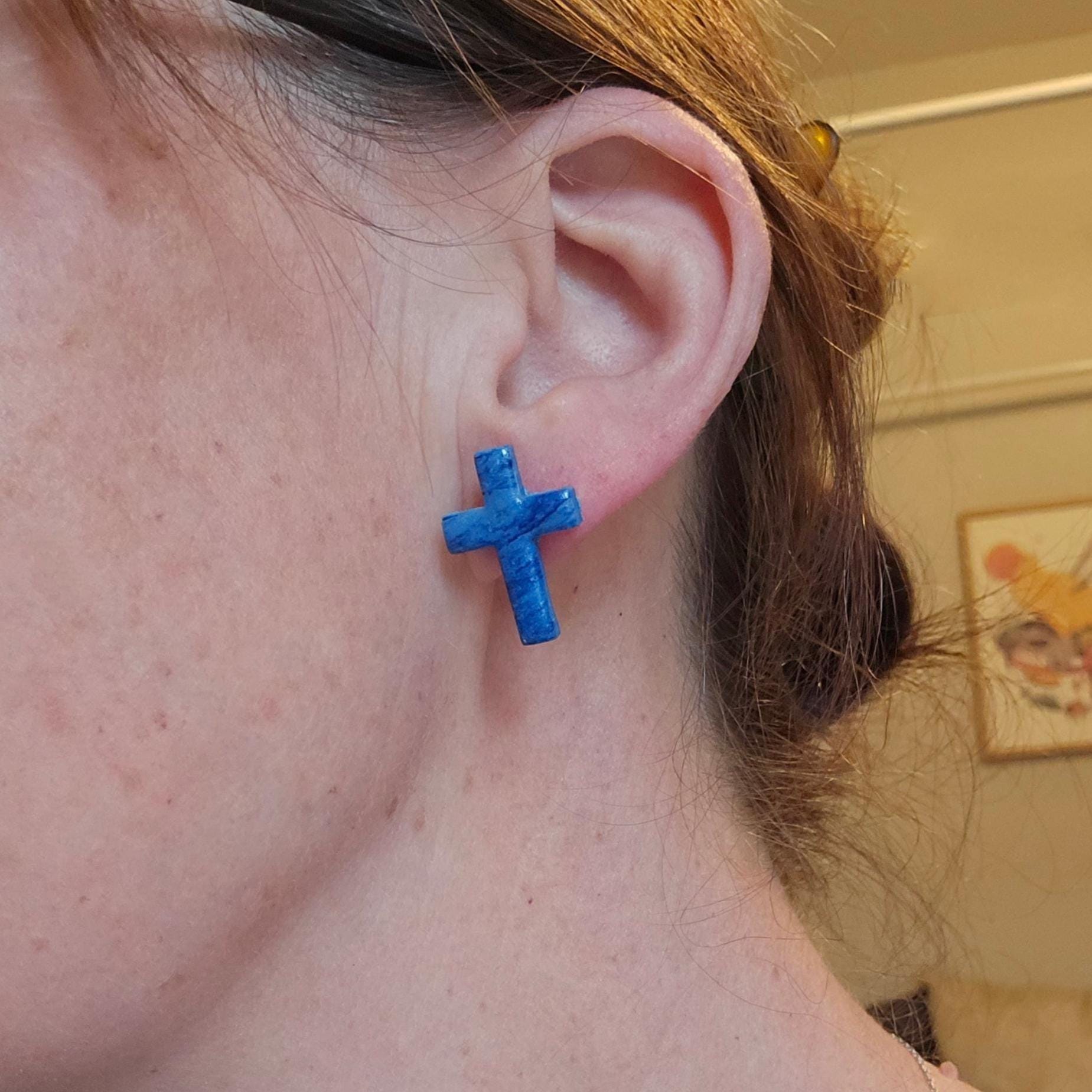 Marbled Polymer Clay Cross Earrings: Boho Christian Jewelry