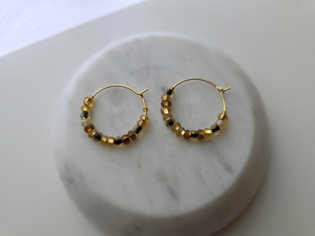 Dainty Tortoise Shell Beaded Hoop Earrings: Gold Boho Jewelry