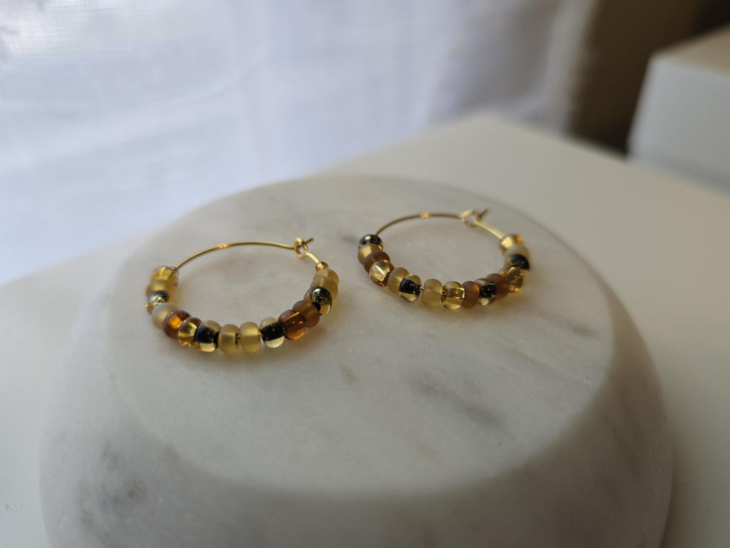 Dainty Tortoise Shell Beaded Hoop Earrings: Gold Boho Jewelry