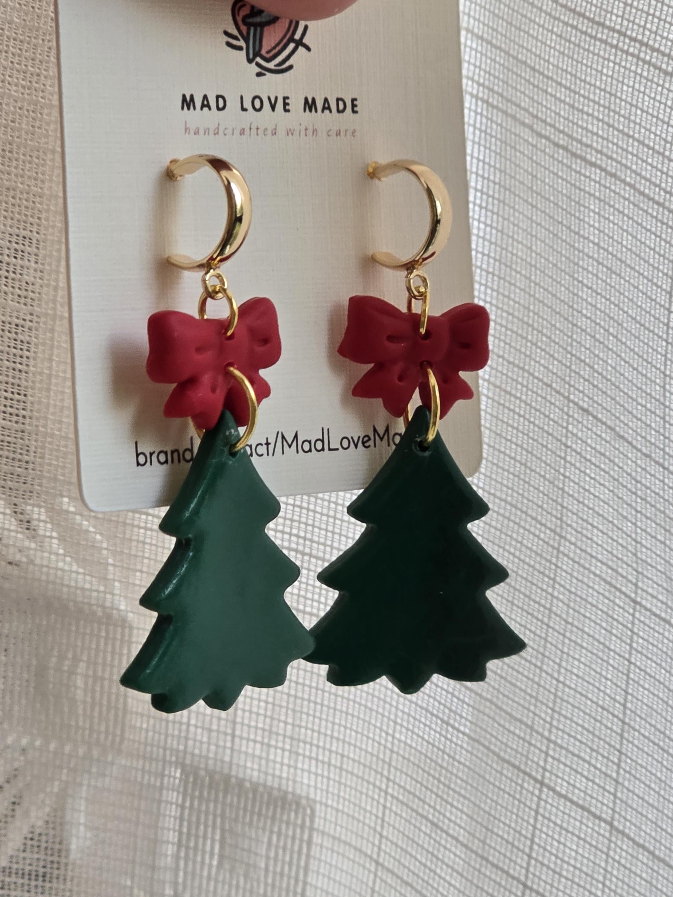 Christmas Tree with Red Bow, Dangle Earring, Surgical Steel