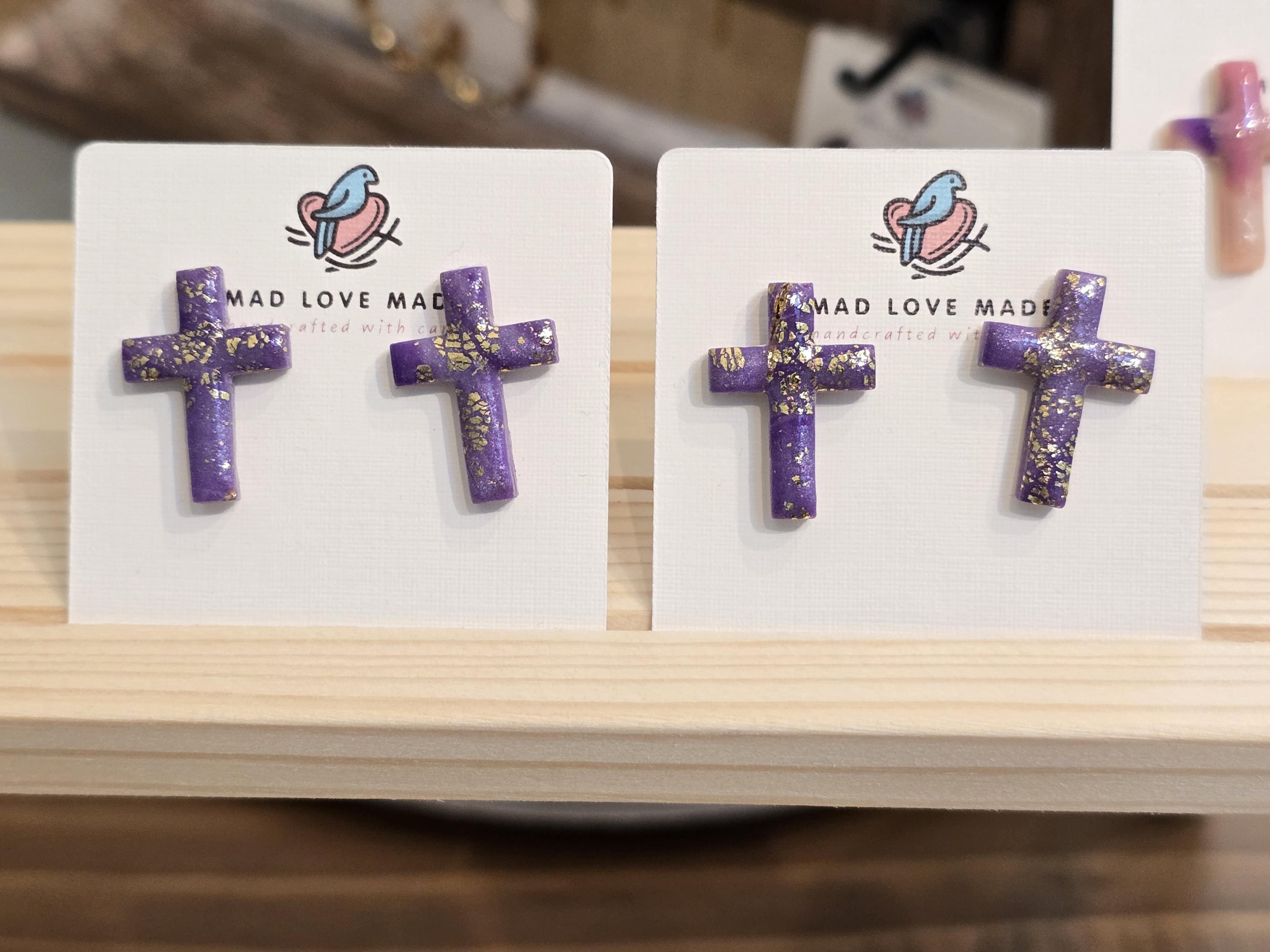 Marbled Polymer Clay Cross Earrings: Boho Christian Jewelry