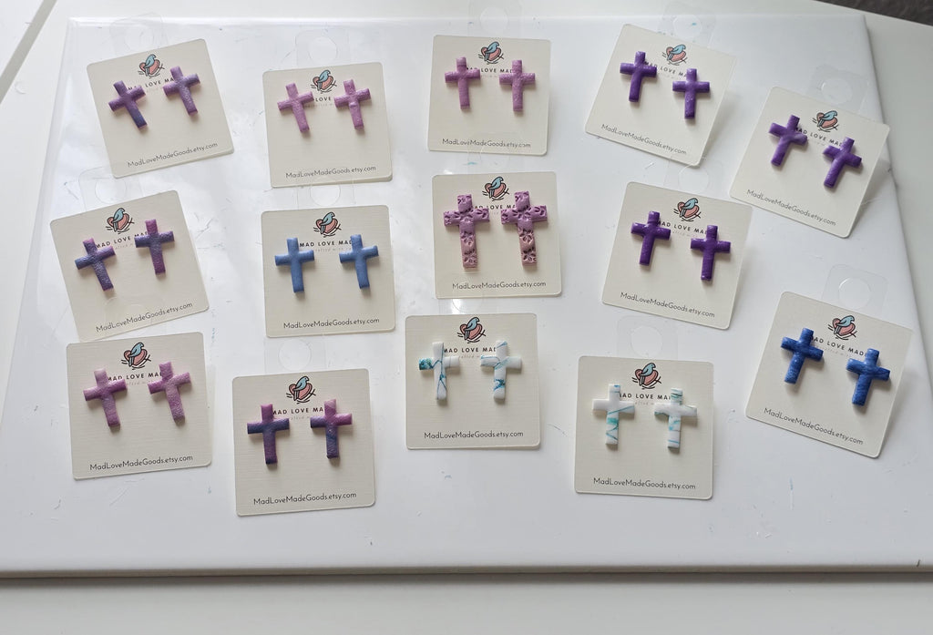 Marbled Polymer Clay Cross Earrings: Boho Christian Jewelry