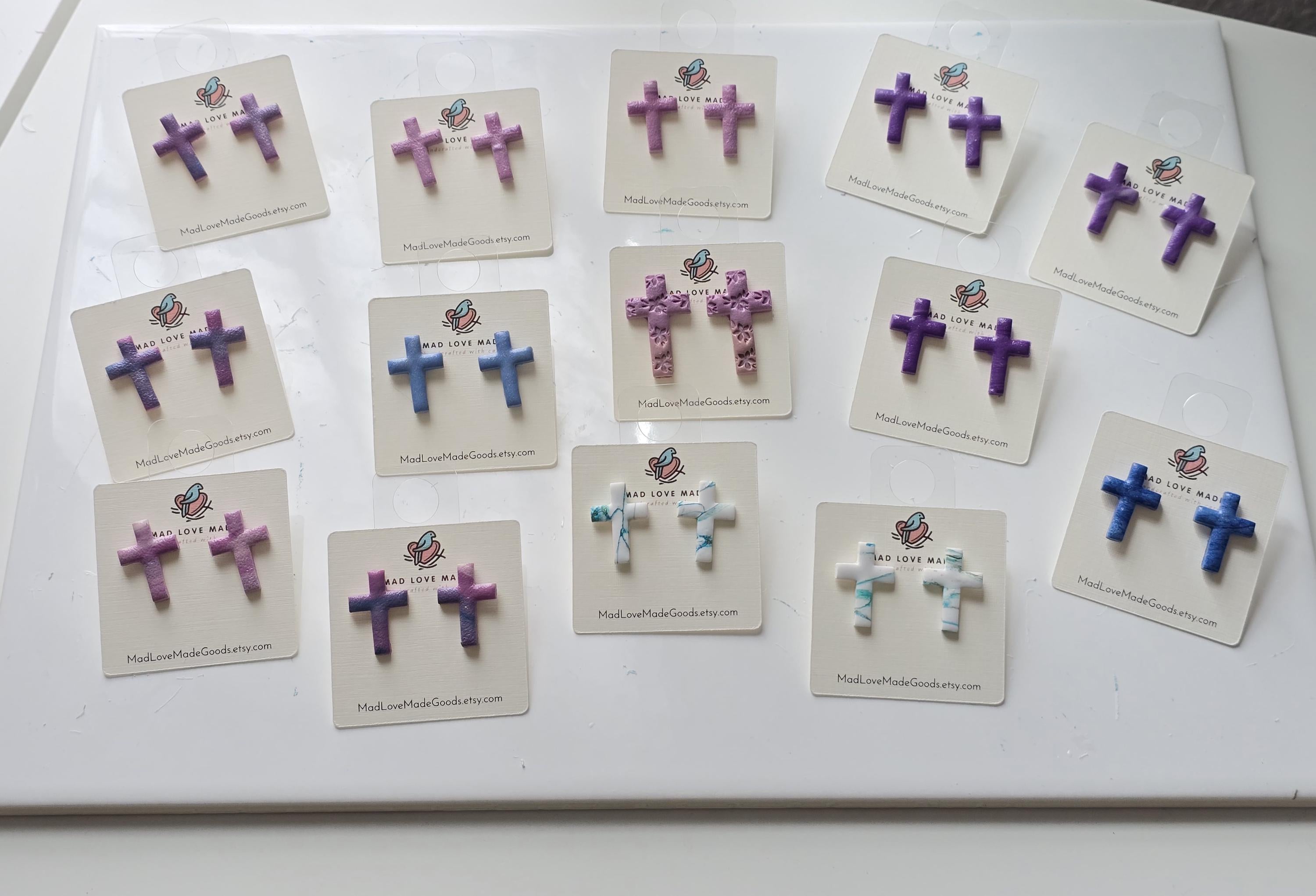 Marbled Polymer Clay Cross Earrings: Boho Christian Jewelry