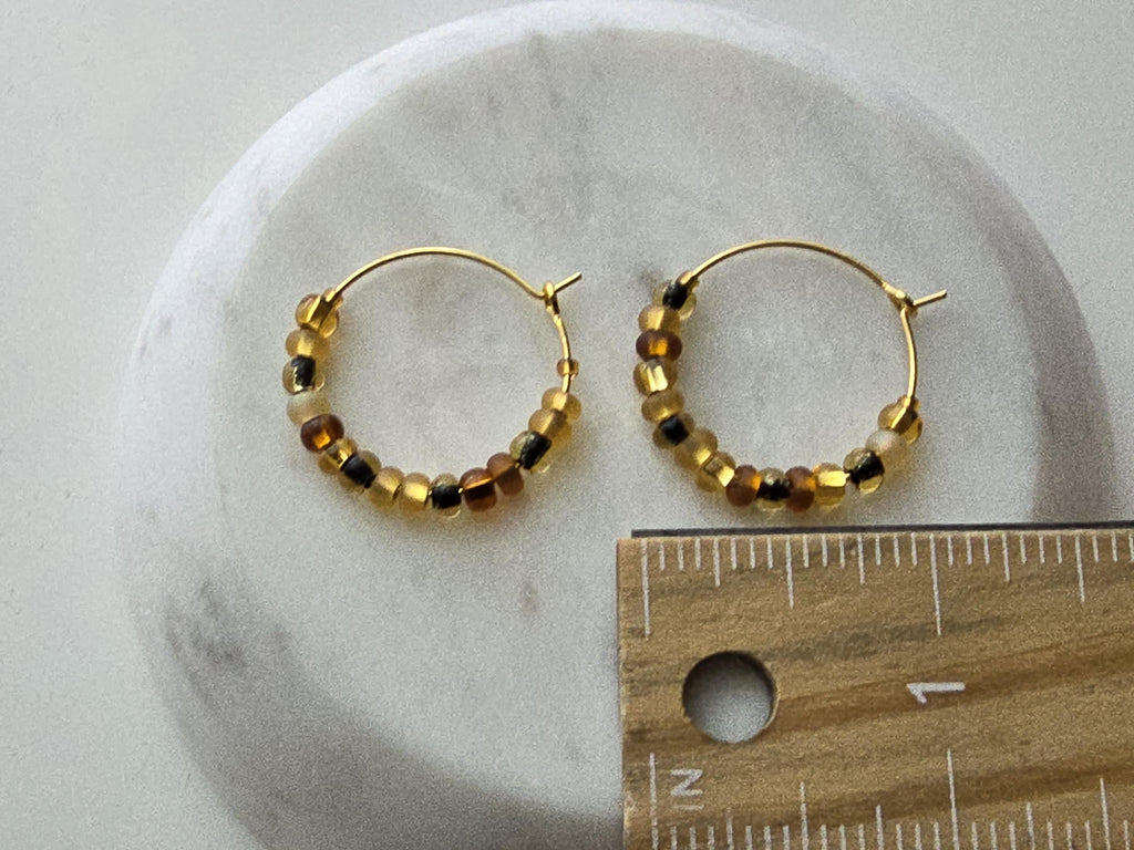 Dainty Tortoise Shell Beaded Hoop Earrings: Gold Boho Jewelry