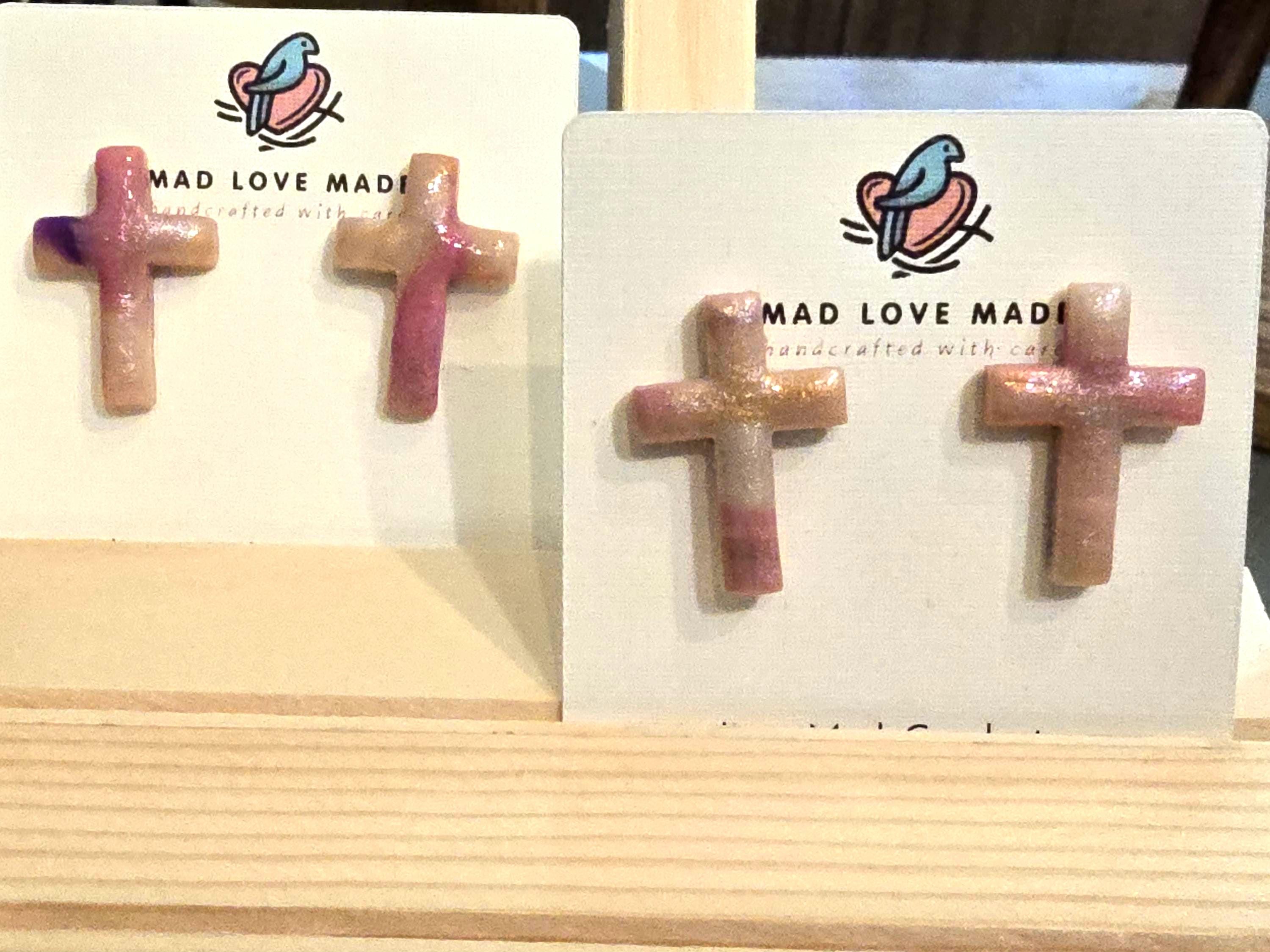 Marbled Polymer Clay Cross Earrings: Boho Christian Jewelry