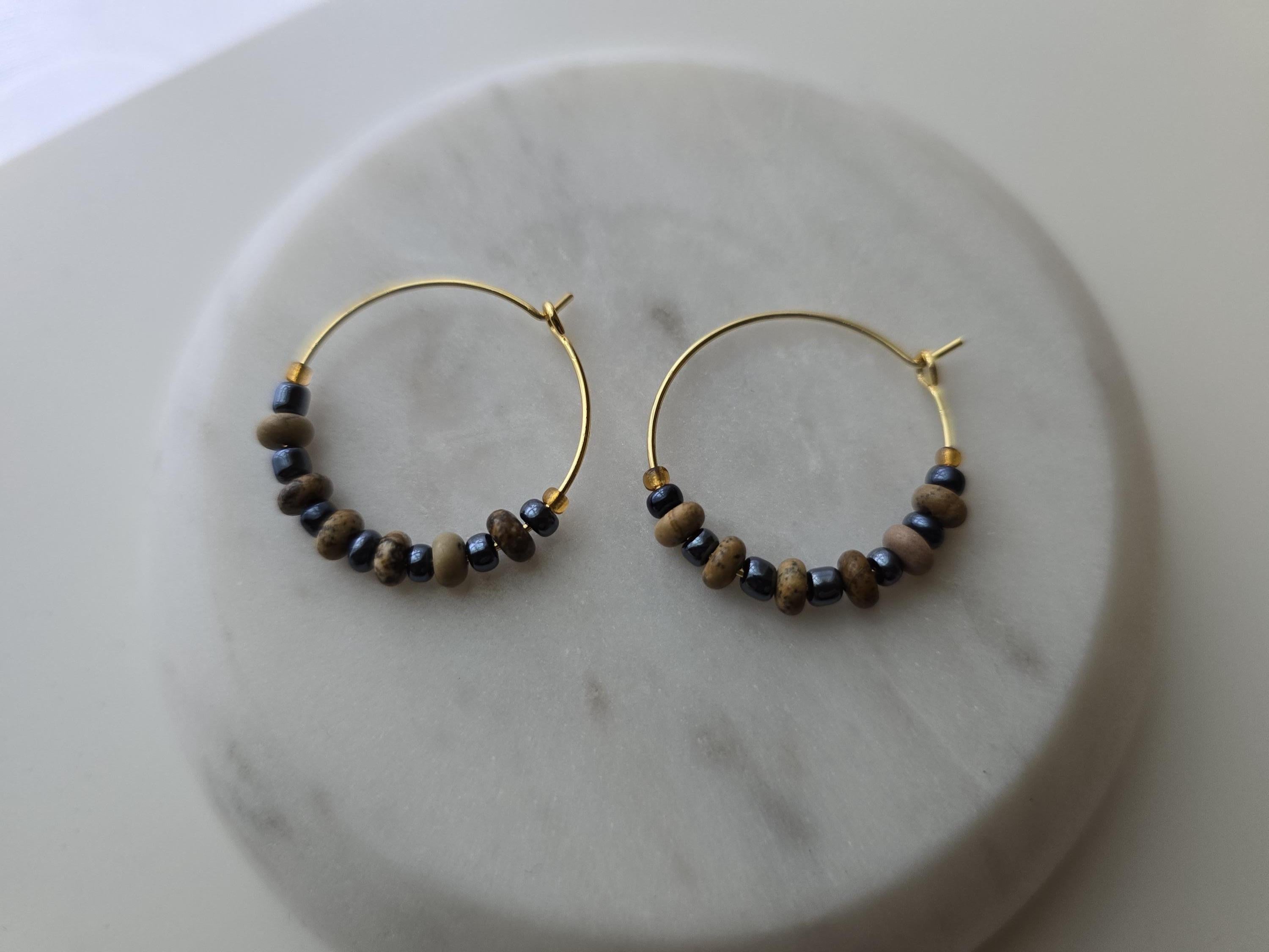 Dainty Navy Beaded Hoop Earrings: Gold & Natural Stone Boho Jewelry