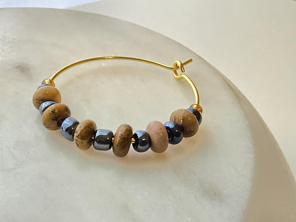 Dainty Navy Beaded Hoop Earrings: Gold & Natural Stone Boho Jewelry
