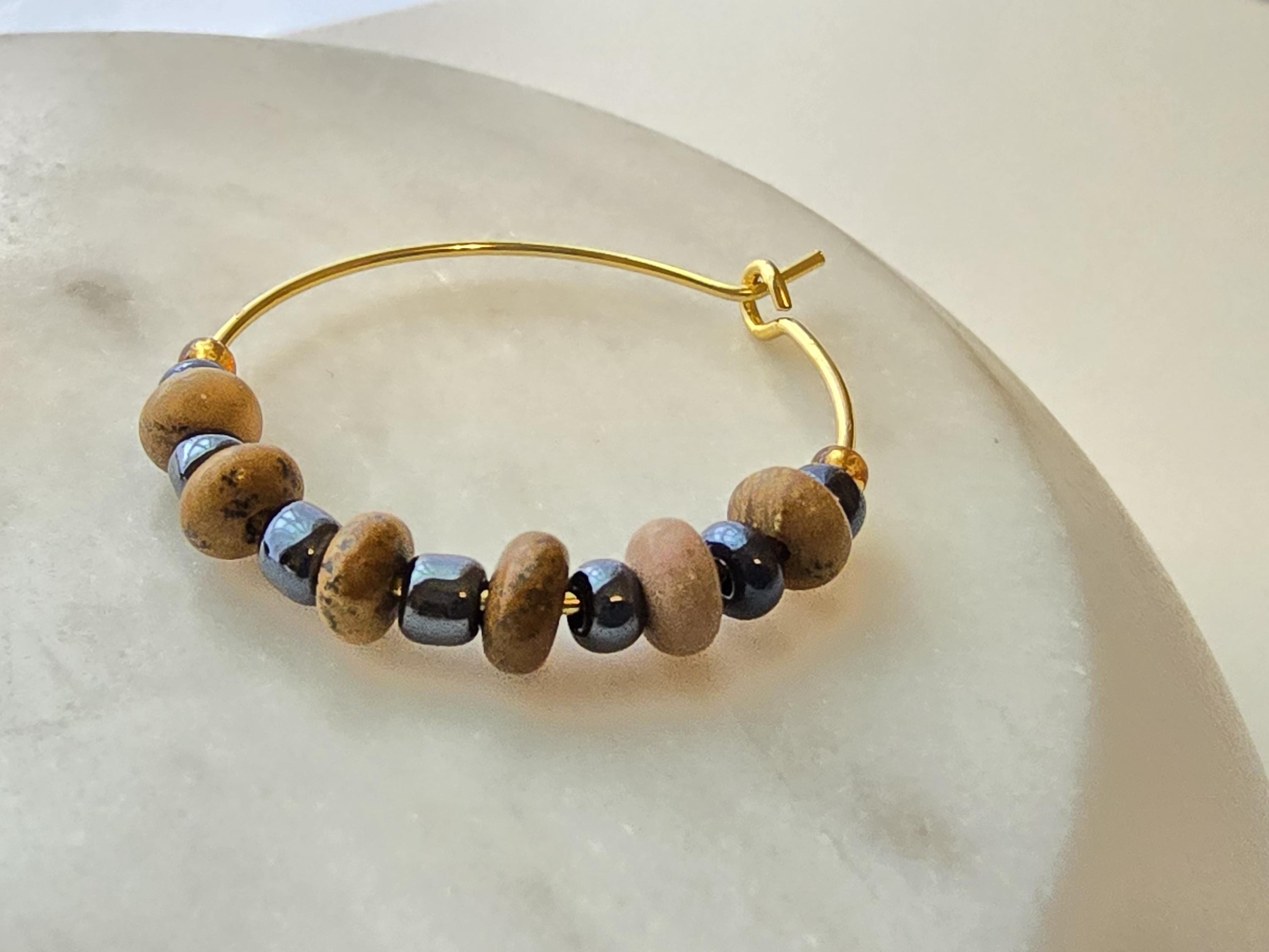 Dainty Navy Beaded Hoop Earrings: Gold & Natural Stone Boho Jewelry