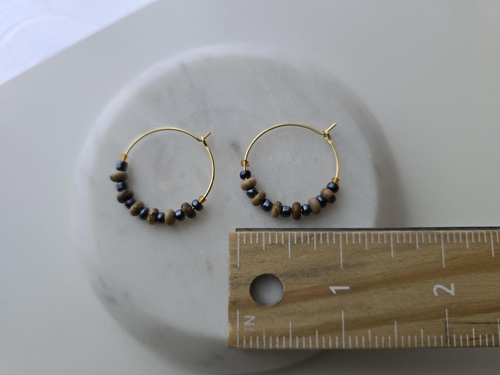 Dainty Navy Beaded Hoop Earrings: Gold & Natural Stone Boho Jewelry