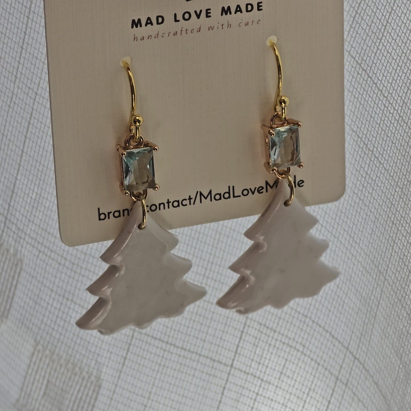 White Christmas: Tree with Gemstone Accent - Polymer Clay Dangle Earrings