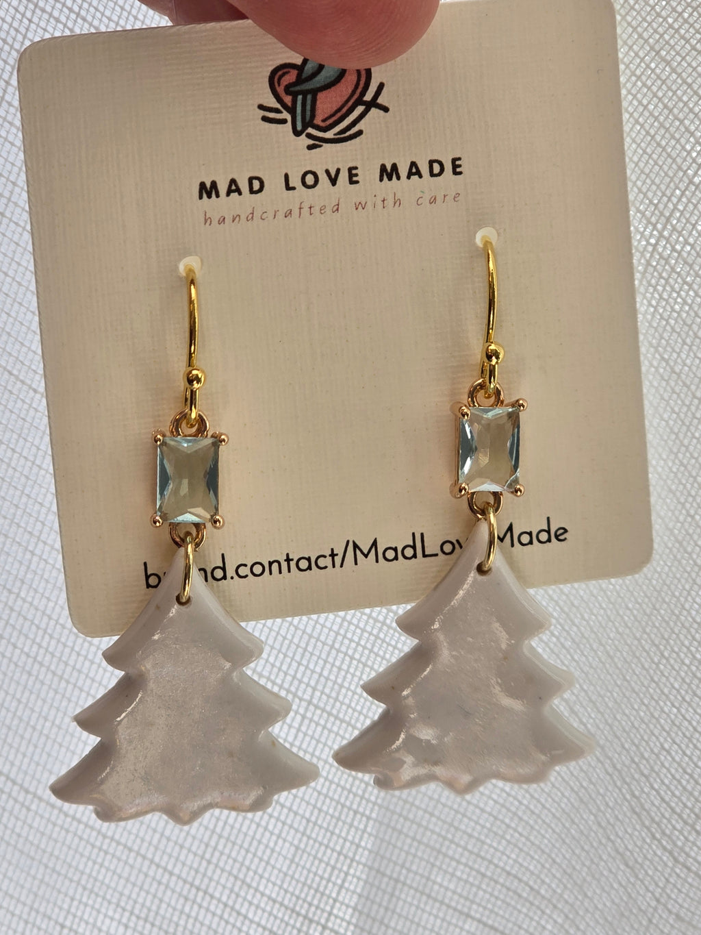 White Christmas: Tree with Gemstone Accent - Polymer Clay Dangle Earrings