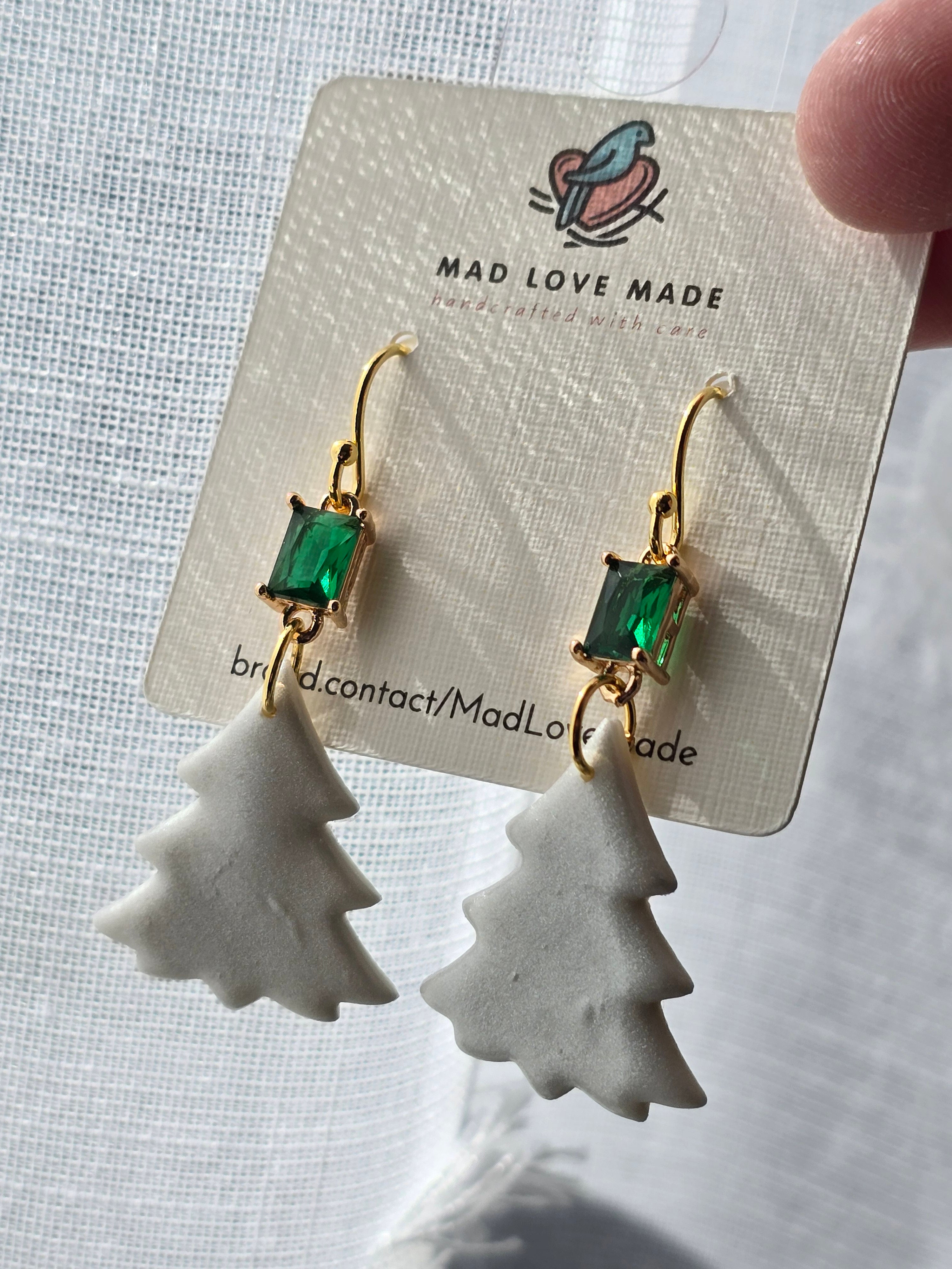 White Christmas: Tree with Gemstone Accent - Polymer Clay Dangle Earrings